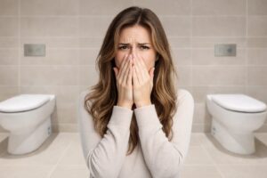 restaurant bathroom toilet fitout with concealed cisterns 02 beige tile girl